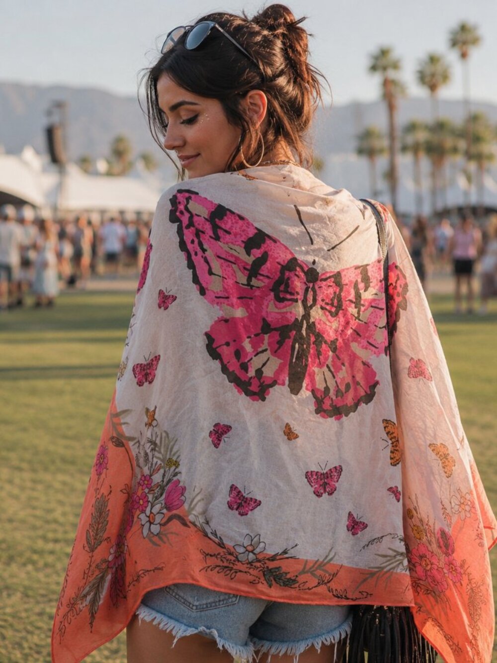 Butterfly Floral Lightweight Scarf Wrap Shawl Pink Orange Boho Spring Festival